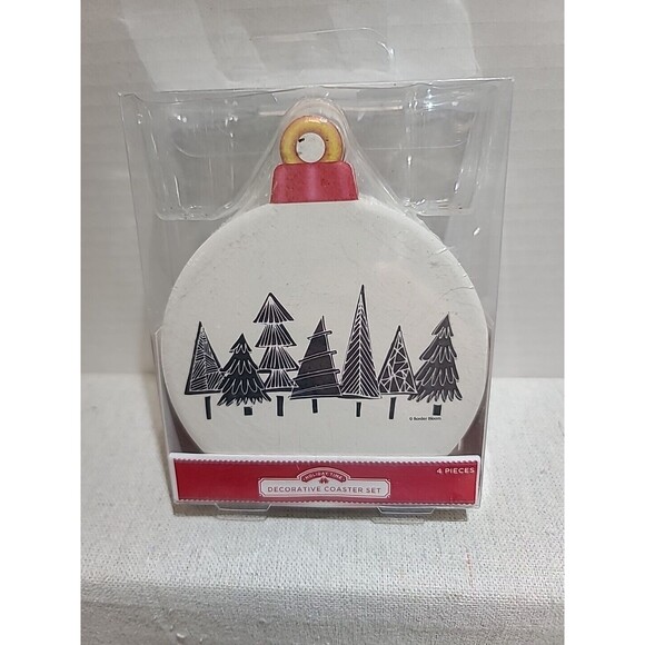 NEW Modern Christmas Tree Stoneware Drink Coasters Cork Back Set of 4 FARMHOUSE - Picture 1 of 5
